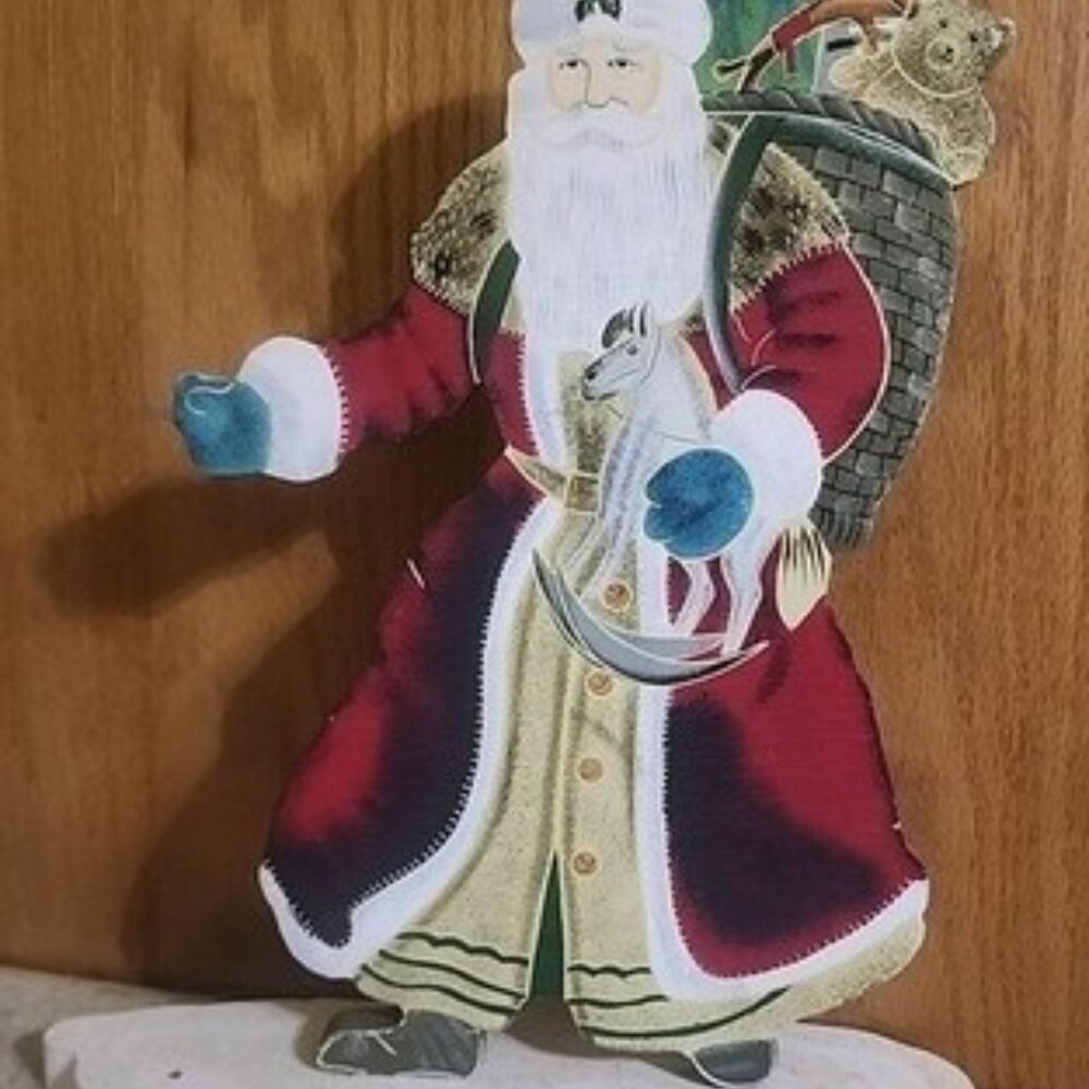 Beautiful Handpainted Old World Santa On Wood W/Stand Christmas Decoration 13.5"